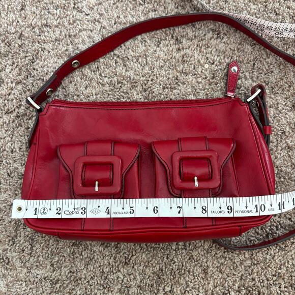 Kenneth Cole Red Leather Town Square Top Zip Shoulder Bag Buckle 90s Y2K - Picture 3 of 12